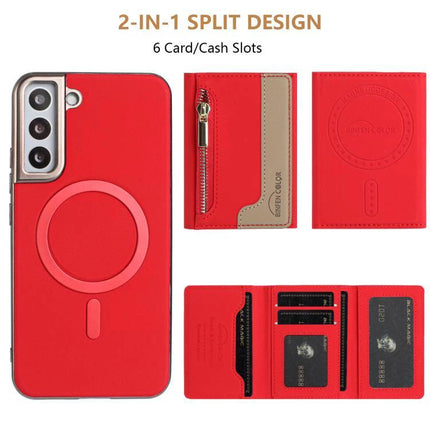 Zipper Magnetic RFID Card Wallet Case With MagSafe For Galaxy S25 Series 5G red faux leather zip card holder with MagSafe ring and 6 card slots