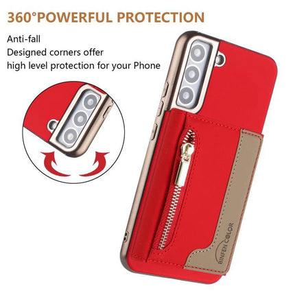 Zipper Magnetic RFID Card Wallet Case With MagSafe For Galaxy S25 Series 5G red faux leather zippered wallet phone case showing 360° protection