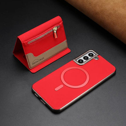 Zipper Magnetic RFID Card Wallet Case With MagSafe For Galaxy S25 Series 5G in red faux leather with zipper card pocket and MagSafe circle