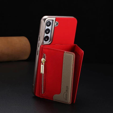 Zipper Magnetic RFID Card Wallet Case With MagSafe For Galaxy S25 Series 5G in red faux leather with zipper pocket and stand feature