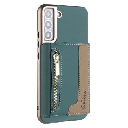 Zipper Magnetic RFID Card Wallet Case With MagSafe For Galaxy S25 Series 5G faux leather zipper card pocket teal and tan