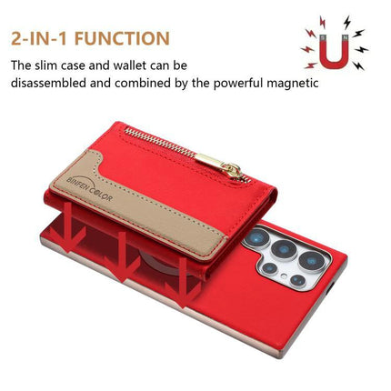 Zipper Magnetic Card Bag Case With RFID Blocking For Samsung Galaxy S24 Ultra 5G - red magnetic 2-in-1 wallet case with zipper and stand fold