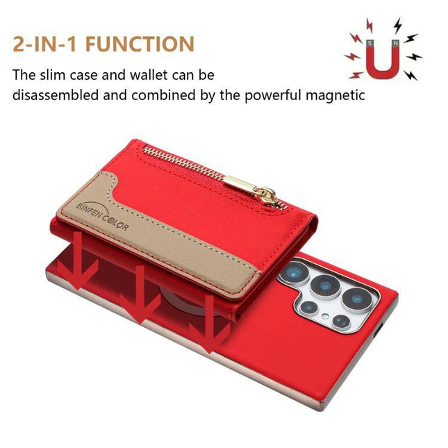 Zipper Magnetic Card Bag Case With RFID Blocking For Samsung Galaxy S24 Ultra 5G - red magnetic 2-in-1 wallet case with zipper and stand fold