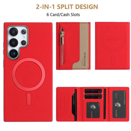 Zipper Magnetic Card Bag Case With RFID Blocking For Samsung Galaxy S24 Ultra 5G in red showing 2-in-1 split design, 6 card/cash slots, zipper pocket and foldable stand