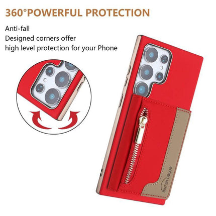 Zipper Magnetic Card Bag Case With RFID Blocking For Samsung Galaxy S24 Ultra 5G - red zipper wallet phone case with RFID protection and kickstand