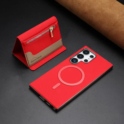 Zipper Magnetic Card Bag Case With RFID Blocking For Samsung Galaxy S24 Ultra 5G - red wallet phone case with foldable stand and zipper pocket