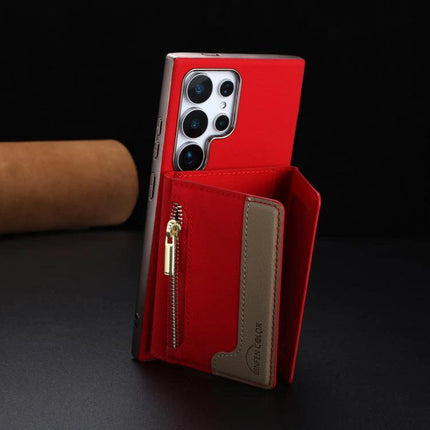 Zipper Magnetic Card Bag Case With RFID Blocking For Samsung Galaxy S24 Ultra 5G - red wallet case with zipper, card slots, stand and RFID protection