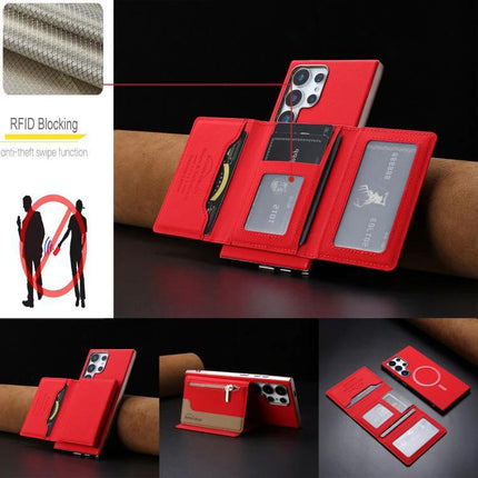 Zipper Magnetic Card Bag Case With RFID Blocking For Samsung Galaxy S24 Ultra 5G red folio wallet with card slots, RFID blocking and folding stand