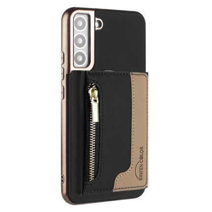 Zipper Magnetic Card Bag Case With RFID Blocking For Samsung Galaxy S24 Ultra 5G shown in black and brown with zipper wallet and card slots