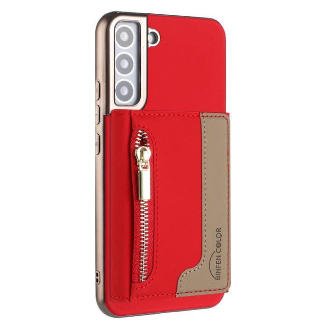 Zipper RFID Magnetic Card Wallet Case MagSafe For S23 Plus S22 Ultra S22 - red faux leather wallet case with zipper pocket and RFID shielding, foldable stand