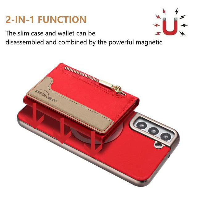 Zipper RFID Magnetic Card Wallet Case MagSafe For S23 Plus S22 Ultra S22 slim red magnetic wallet attached to phone with zipper card slot and foldable stand