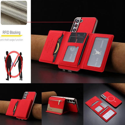 Zipper RFID Magnetic Card Wallet Case MagSafe For S23 Plus S22 Ultra S22 red faux leather wallet case with RFID blocking and foldable stand