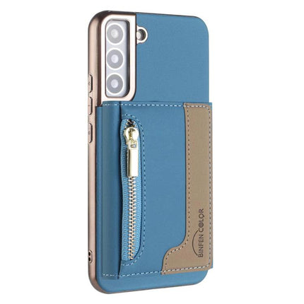 MagSafe RFID Blocking Wallet Case For Samsung Galaxy S22 S21 Plus S21 Ultra 5G - blue zipper magnetic card bag with RFID shield and foldable stand