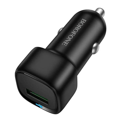 Borofone Cloud USB Car Charger Compact For Daily Use — black compact USB-A car charger with LED indicator, slim ABS body for daily commutes