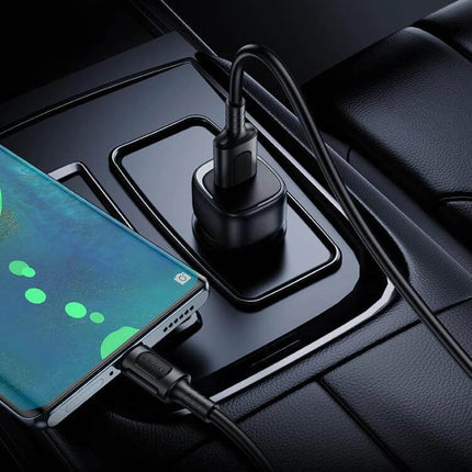 Borofone Cloud USB Car Charger Compact For Daily Use plugged into car outlet charging smartphone with USB cable, compact black design