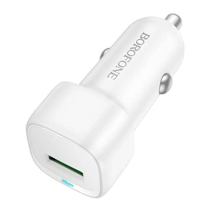 Borofone Cloud USB Car Charger Compact For Daily Use — white compact USB-A car charger with LED indicator, unobtrusive in-cabin design for smartphones and tablets