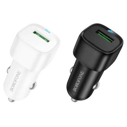 Borofone Cloud USB Car Charger Compact For Daily Use - white and black compact USB-A car chargers shown side by side