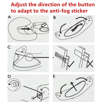 SOMAN Visor Anti-Fog Shield Film For Helmet Visors Clear installation diagram showing button direction and positioning for anti-fog sticker