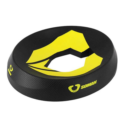 SOMAN Motorcycle Helmet Anti Slip Storage Pad for Safe Airing - black donut pad with yellow logo and cutout to air and stabilize helmet