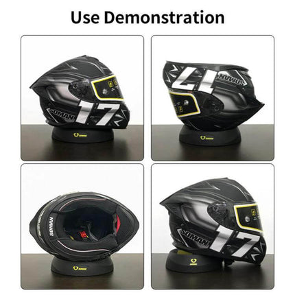 SOMAN Motorcycle Helmet Anti Slip Storage Pad for Safe Airing shown supporting and airing a black full-face helmet in four demonstration views