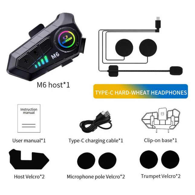 SOMAN Bluetooth Helmet Headset For Hands Free Calls And Music - M6 host kit with Type-C cable, speakers, mic, Velcro, IPX6