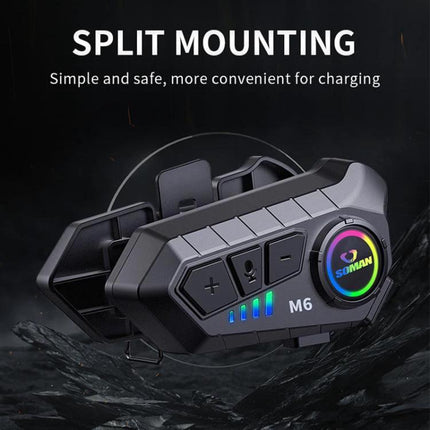 SOMAN Bluetooth Helmet Headset For Hands Free Calls And Music shown mounted with split mounting, buttons, LED and waterproof design