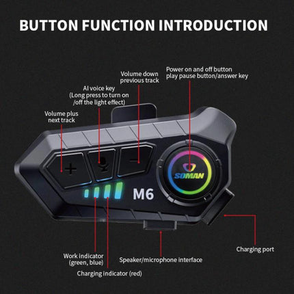 SOMAN Bluetooth Helmet Headset For Hands Free Calls And Music black motorcycle helmet intercom M6 control panel
