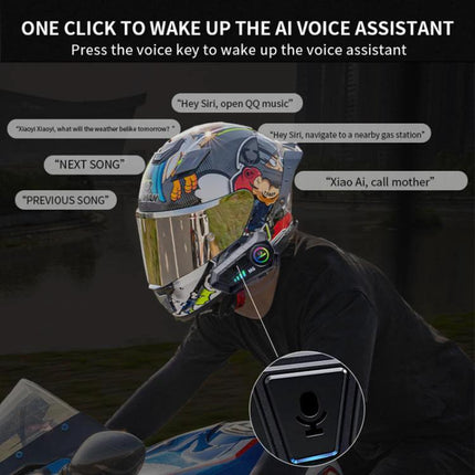 SOMAN Bluetooth Helmet Headset For Hands Free Calls And Music shown on a motorcycle helmet with voice assistant commands