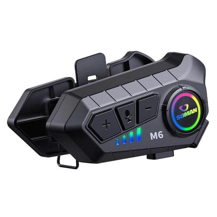SOMAN Bluetooth Helmet Headset For Hands Free Calls And Music black M6 unit with buttons LED and M6 label on white background