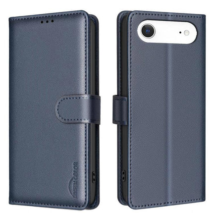 Leather Phone Case Wallet With Card Holder in navy PU leather showing front flap, magnetic strap, three card slots and cash pocket