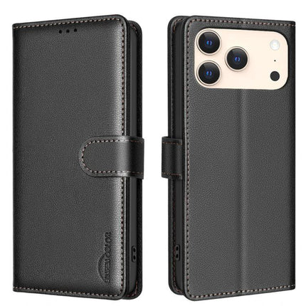 Leather Phone Case Wallet With Card Holder in black PU leather, folio wallet with three card slots and cash pocket, magnetic clasp, hands-free stand