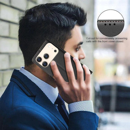 Leather Phone Case Wallet With Card Holder showing man using phone hands-free with card slots and cash compartment