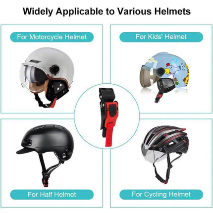 Motorcycle Helmet Quick Release Buckle Universal Accessory shown installed on motorcycle, kids, half and cycling helmets for quick secure chin strap fastening