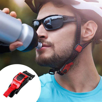 Motorcycle Helmet Quick Release Buckle Universal Accessory shown on cyclist helmet chin strap with quick-release red buckle and tidy strap