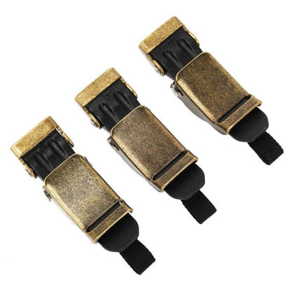 Motorcycle Helmet Quick Release Buckle Universal Clip shown as three antique brass quick-release chin strap clips for helmets