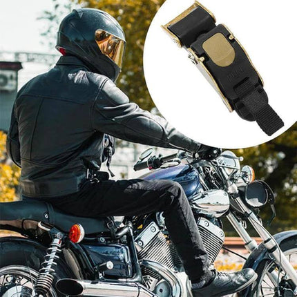 Motorcycle Helmet Quick Release Buckle Universal Clip shown with rider on cruiser motorcycle for fast secure chin strap fastening