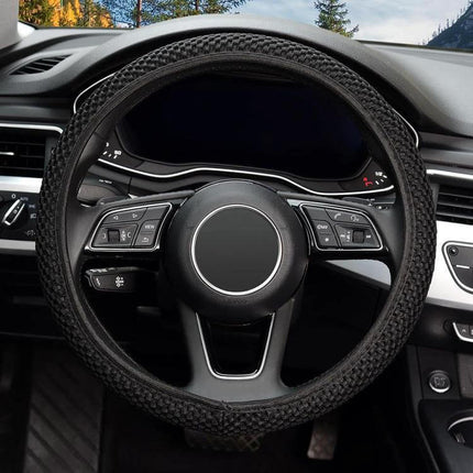Breathable Mesh Steering Wheel Cover For Daily Driving 38cm — black breathable textured cover protects wheel from sweat UV, soft grip for daily commuting