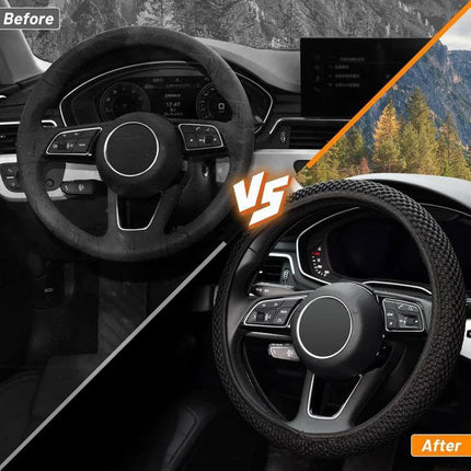 Breathable Mesh Steering Wheel Cover For Daily Driving 38cm installed on car steering wheel showing before and after protection and breathable texture