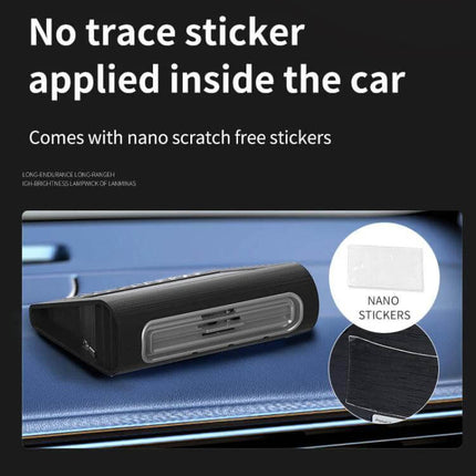 Solar Energy Car Air Purifier With Number Plate For Cars shown on car dashboard with nano scratch-free stickers, no-trace application and visible nano sticker detail