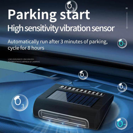 Solar Energy Car Air Purifier With Number Plate For Cars showing solar panel unit on car dashboard with parking-start vibration sensor text