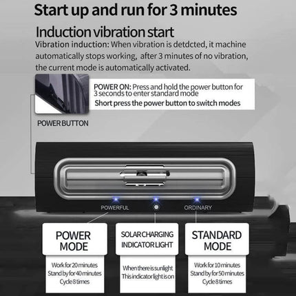 Solar Energy Car Air Purifier With Number Plate For Cars showing power button, solar charging indicator and mode instructions
