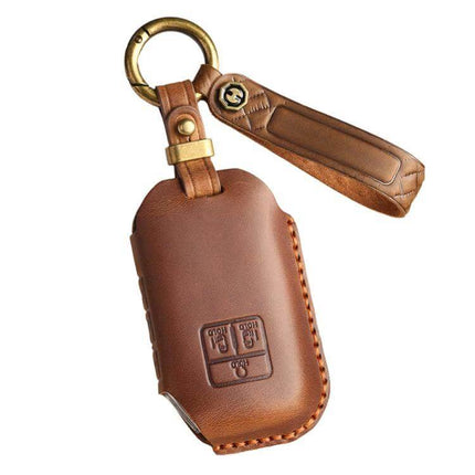 Kia Carnival SX Key Cover Crazy Horse Cowhide For Everyday Use - slim brown leather key fob cover with brass ring