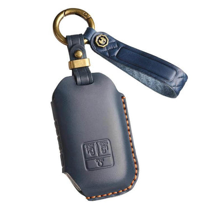 Kia Carnival SX Key Cover Crazy Horse Cowhide For Everyday Use navy blue slim form-fitting key fob cover with brass ring and stitched edge