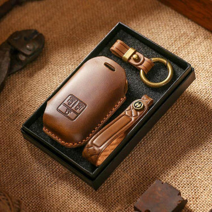 Kia Carnival SX Key Cover Crazy Horse Cowhide For Everyday Use - slim form-fitting brown leather key fob cover in gift box