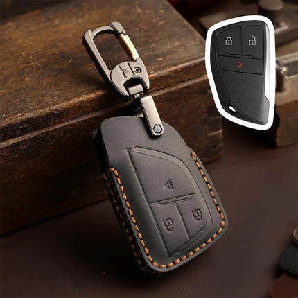 Crazy Horse Cowhide Car Key Cover for Buick Envision Plus 2023 brown stitched leather key fob protector with metal keyring