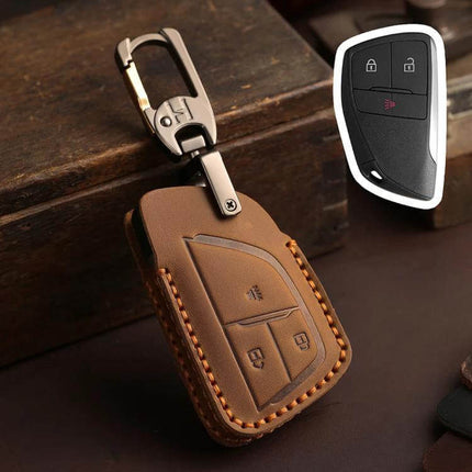 Crazy Horse Cowhide Car Key Cover for Buick Envision Plus 2023 leather key protector with clip, brown cowhide protects buttons and prevents scratches