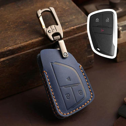 Crazy Horse Cowhide Car Key Cover for Buick Envision Plus 2023 - navy leather protective key fob case with stitch and clip