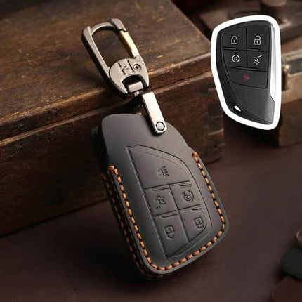 Crazy Horse Cowhide Car Key Cover for Buick Envision Plus 2023 - brown stitched leather key fob protector with clip