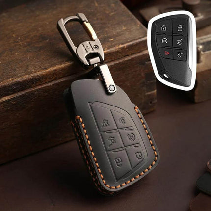Crazy Horse Cowhide Car Key Cover for Buick Envision Plus 2023 protecting key with soft grip, stitched cowhide case and metal keyring attachment