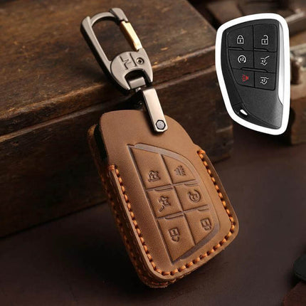 Crazy Horse Cowhide Car Key Cover for Buick Envision Plus 2023 brown stitched leather key case protecting buttons and signal
